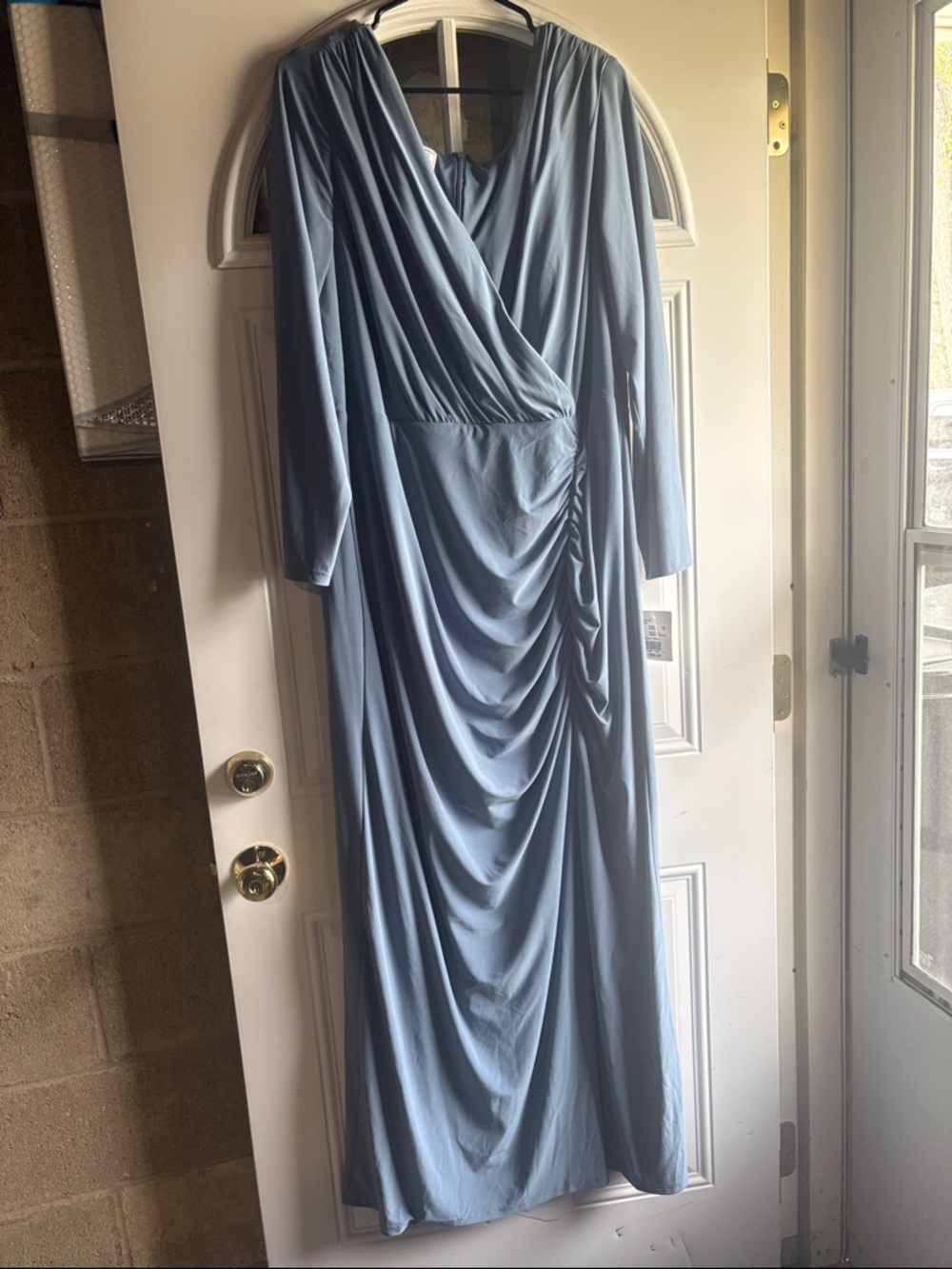 David's Bridal Steel Blue Long Sleeve Ruched Draped Maxi Dress